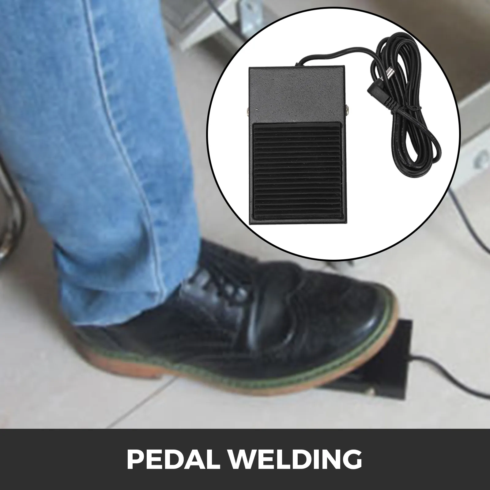 Persona que utiliza una soldadora por puntos de batería VEVOR con control de pedal, acción del pie en primer plano.