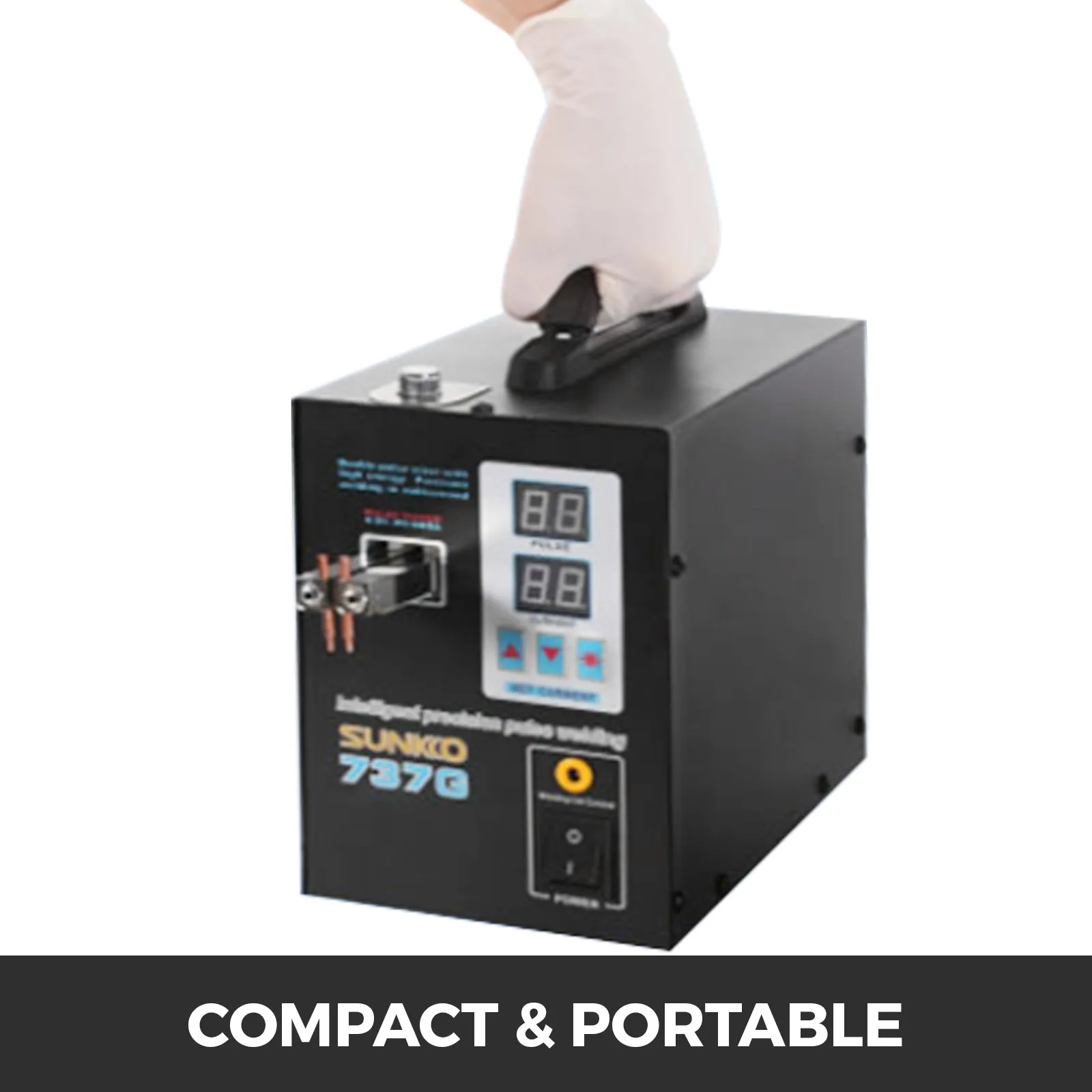 Soldador por puntos de batería VEVOR: diseño compacto, portátil con pantalla digital y manejo con guantes.