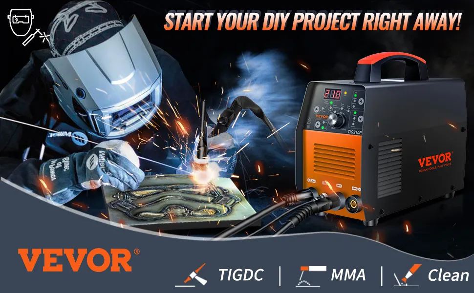 welder using VEVOR 210amp tig welder with sparks flying, perfect for diy projects.