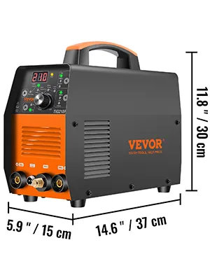 VEVOR 210amp tig welder with digital display, control knobs, and dimensions of 14.6" x 5.9" x 11.8".