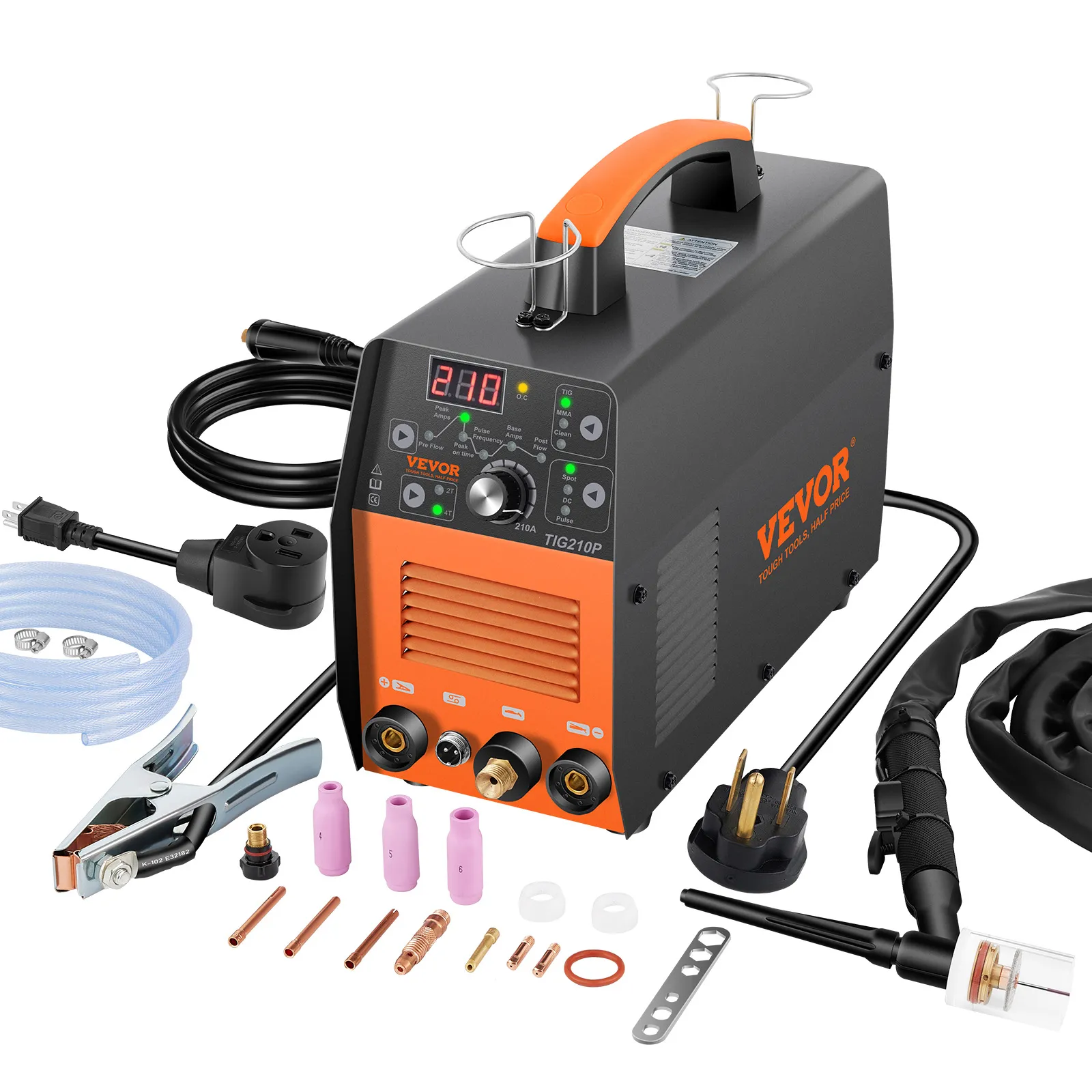 VEVOR 210amp tig welder with accessories including cables, connectors, and welding torch.