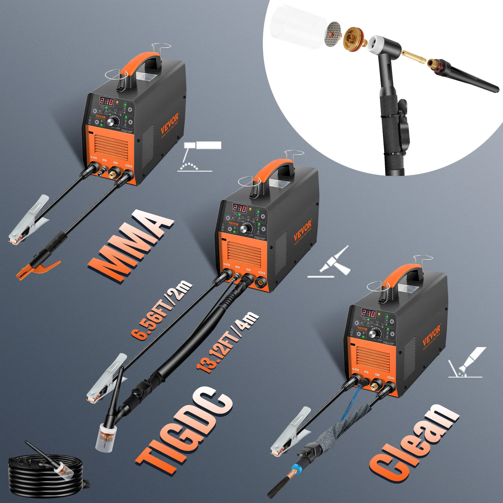 VEVOR 210amp tig welder showing mma, tigdc, and cleaning functions with cables and tools.