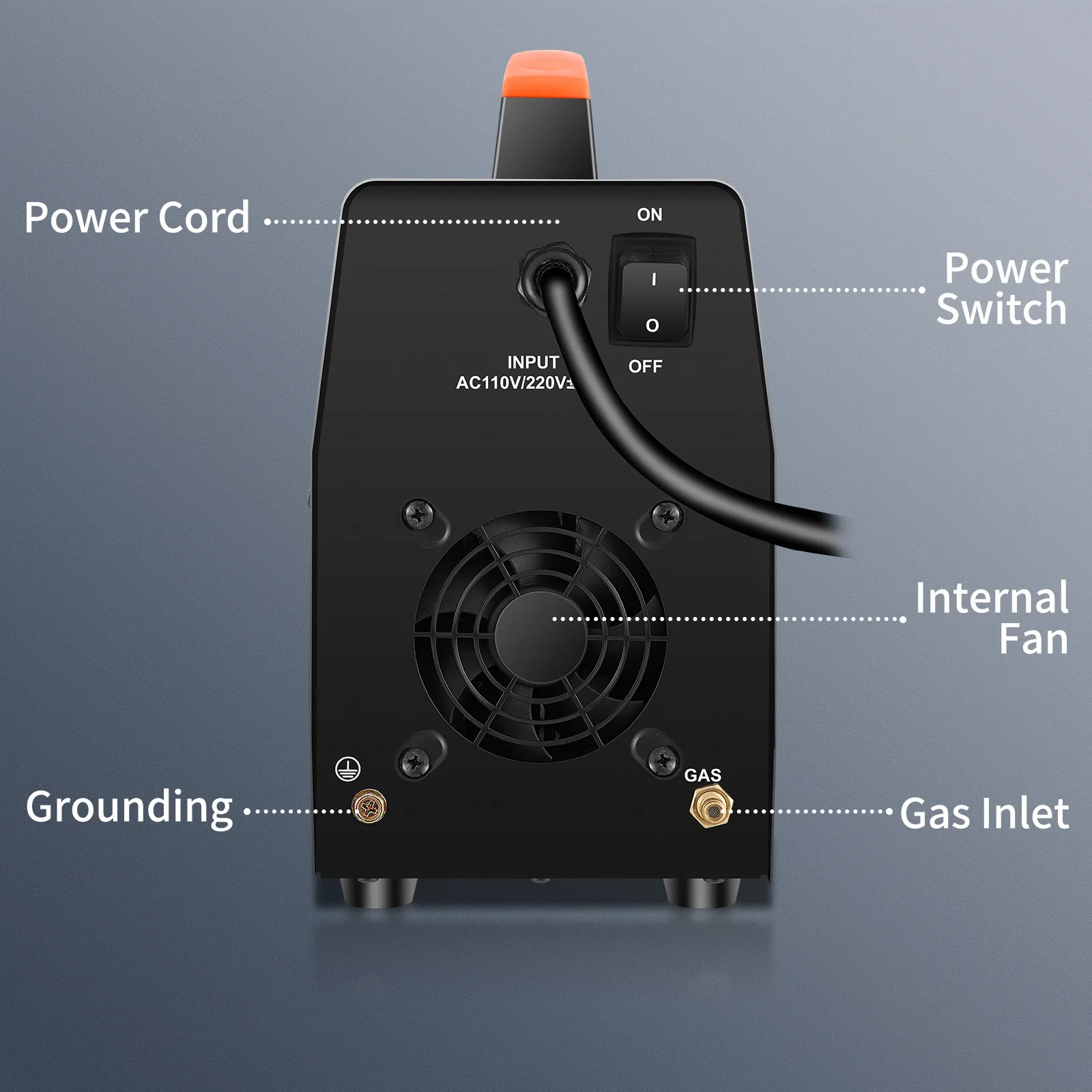 rear view of VEVOR 210amp tig welder showcasing power cord, switch, internal fan, grounding, and gas inlet.