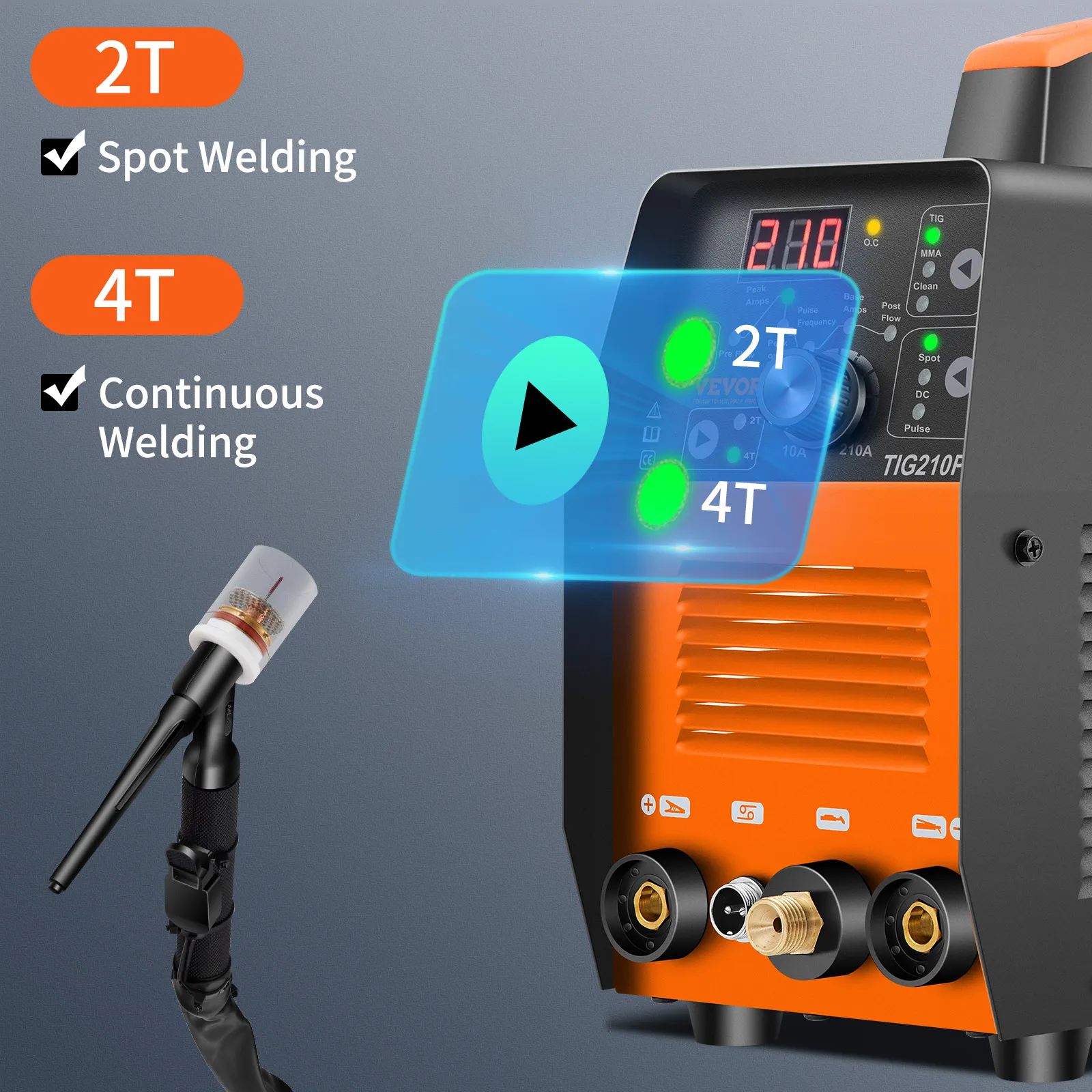VEVOR 210amp tig welder highlighting 2t spot welding and 4t continuous welding features.