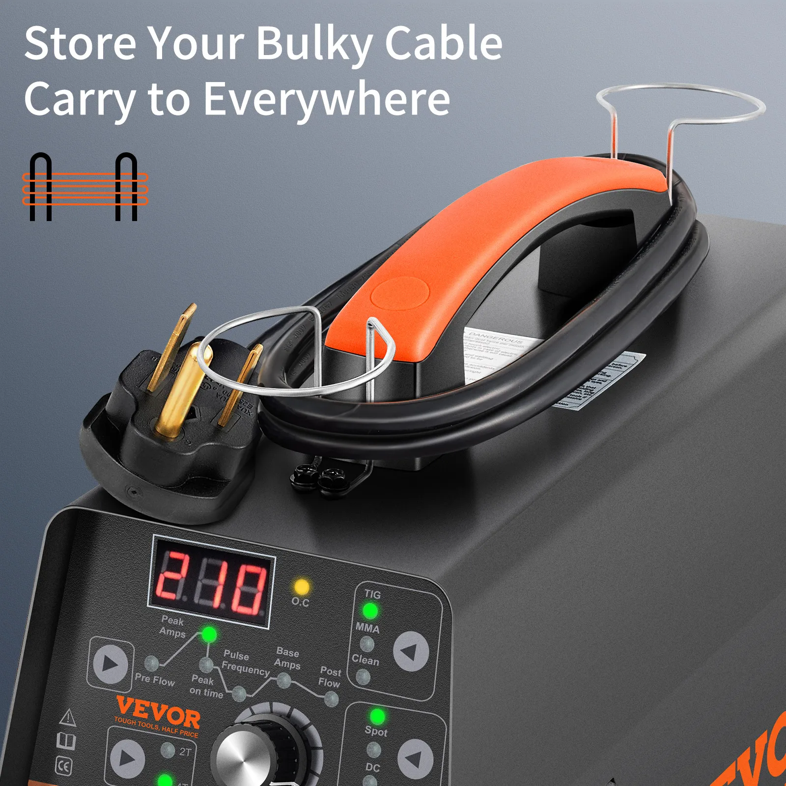 VEVOR 210amp tig welder with cable holder and digital display showing 210 amps.