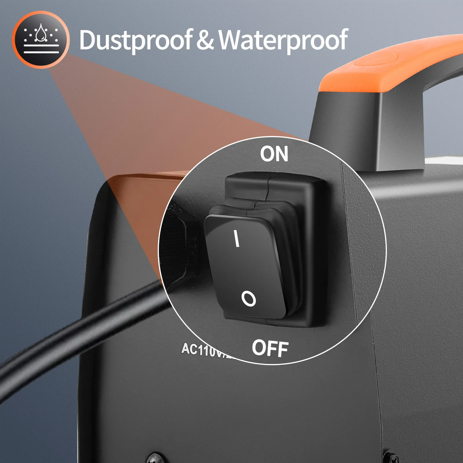 VEVOR 210amp tig welder with dustproof and waterproof on/off switch, close-up view.