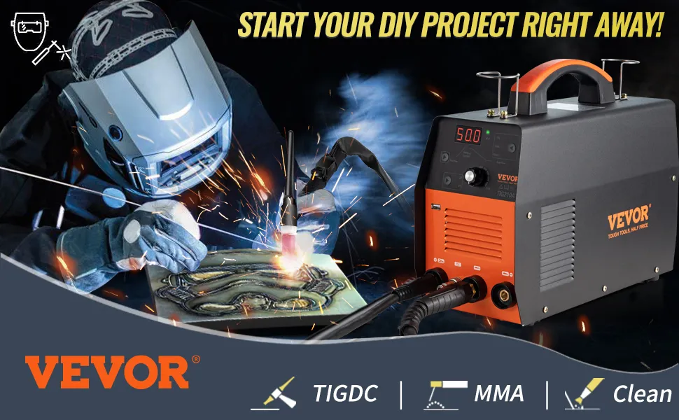 Soldador que usa un soldador TIG VEVOR con chispas volando y dispositivo que muestra 500, promocionando proyectos de bricolaje.
