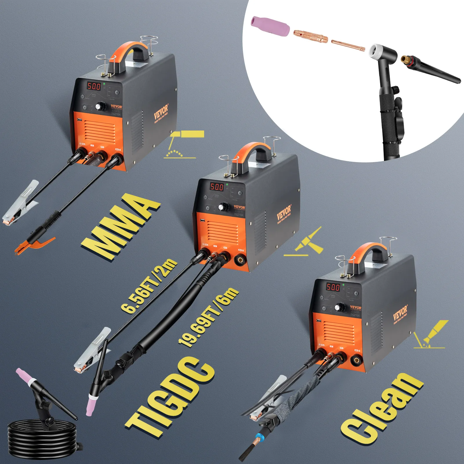 Soldador TIG VEVOR con cables para modos MMA, TIG DC y limpio, con diales de control precisos.
