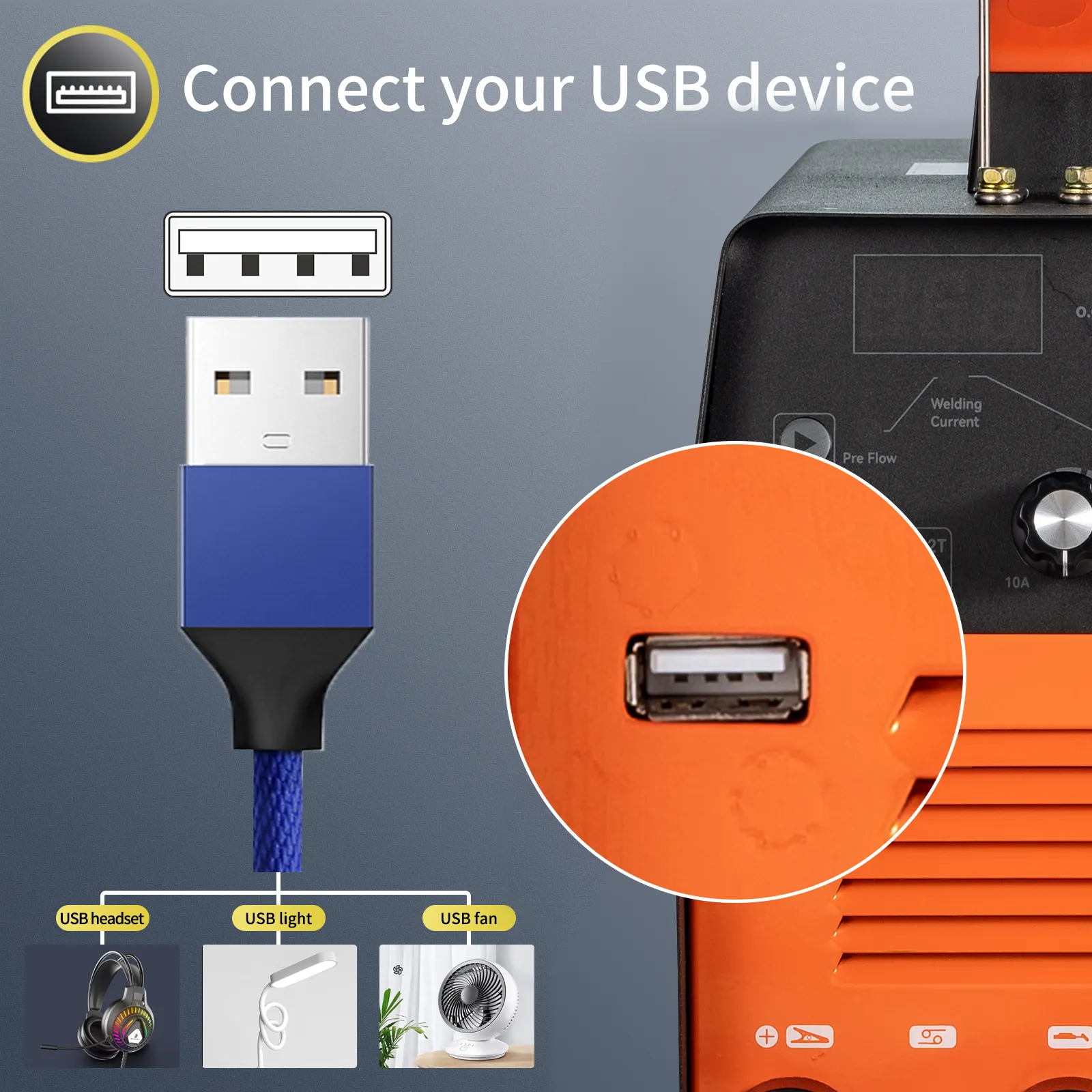 Puerto USB para soldador TIG VEVOR para conectar auriculares USB, luz o ventilador.