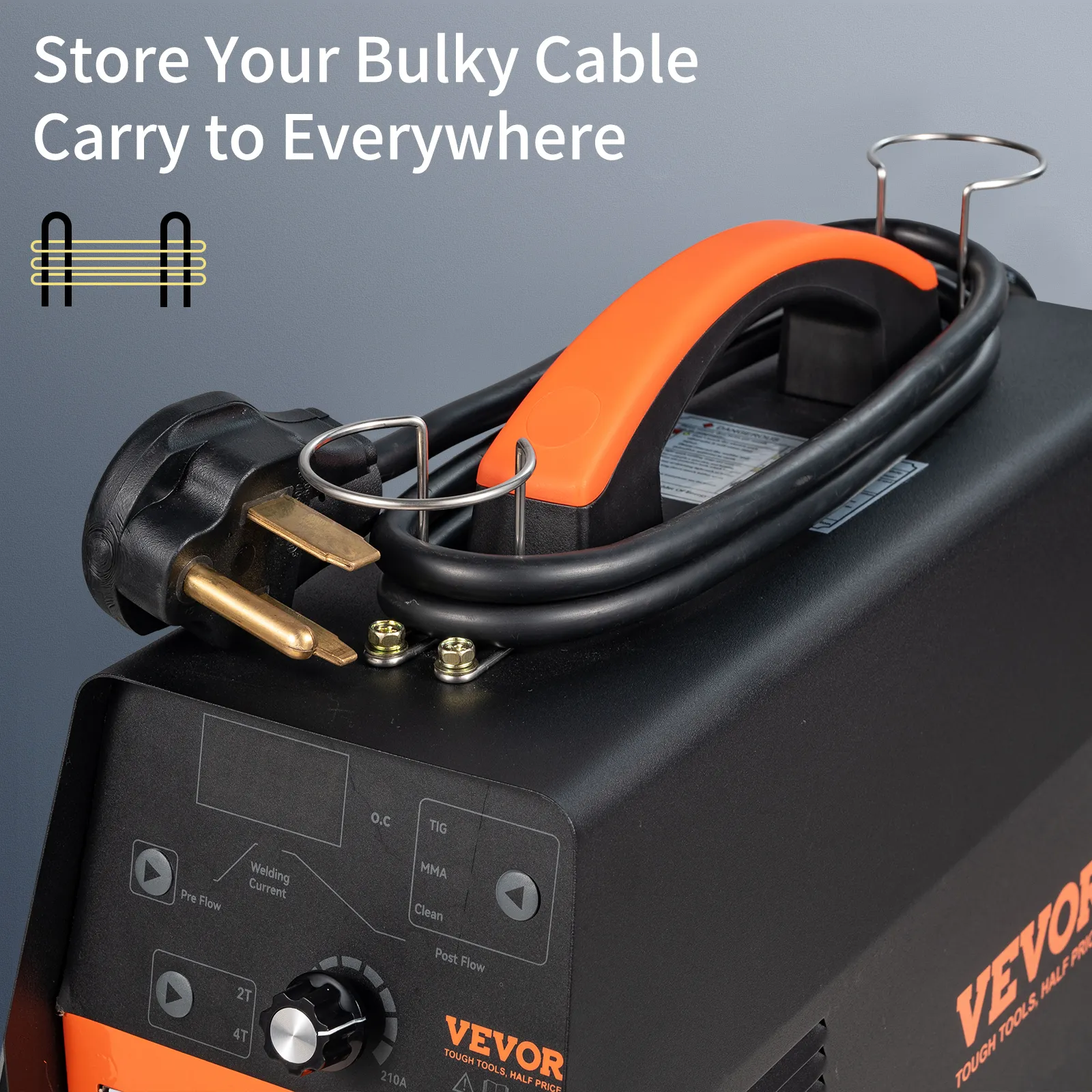 Soldador TIG VEVOR con almacenamiento de cable, mango naranja y cuerpo negro, lo que promueve una fácil portabilidad.