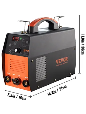 Soldador TIG VEVOR con dimensiones: 14,6 pulgadas de largo, 5,9 pulgadas de ancho, 11,8 pulgadas de alto, diseño negro y naranja.