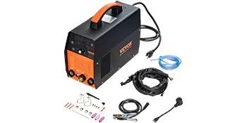 Soldador TIG VEVOR con accesorios, incluidos cables, abrazaderas y piezas consumibles exhibidas.