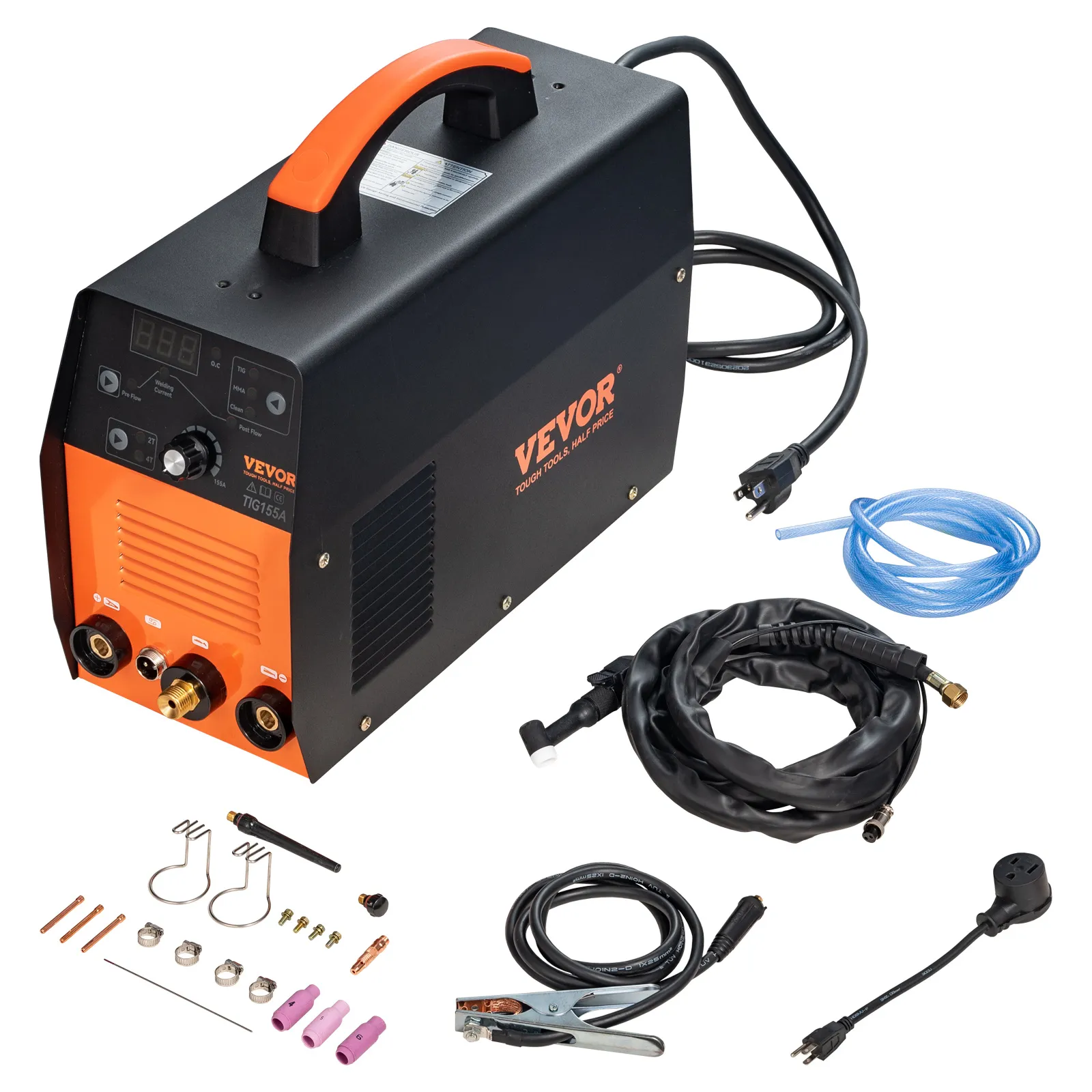 Soldador TIG VEVOR con accesorios que incluyen cables, abrazaderas y piezas de soldadura dispuestas.