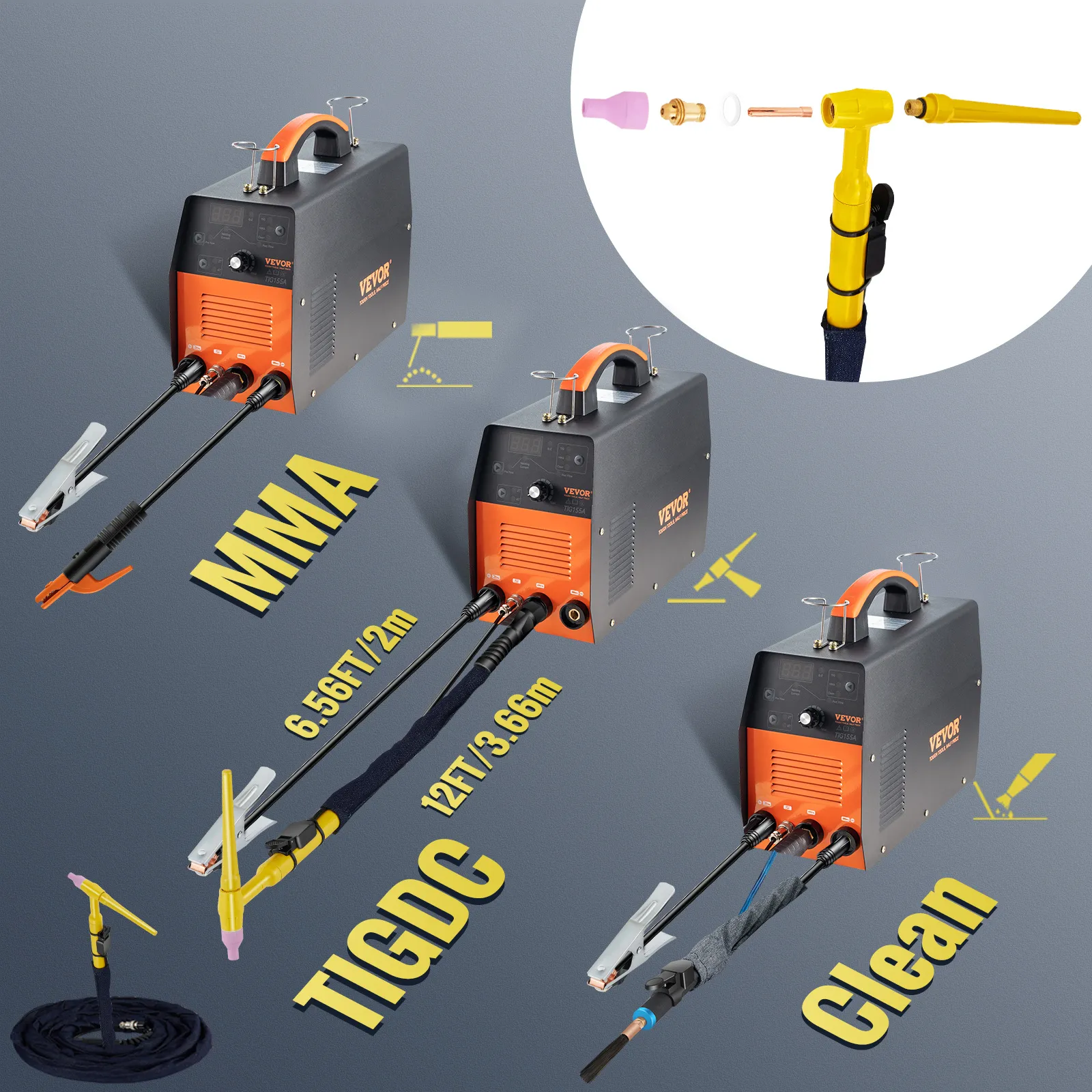 Soldador tig VEVOR con accesorios y cables etiquetados mma, tigdc y clean.