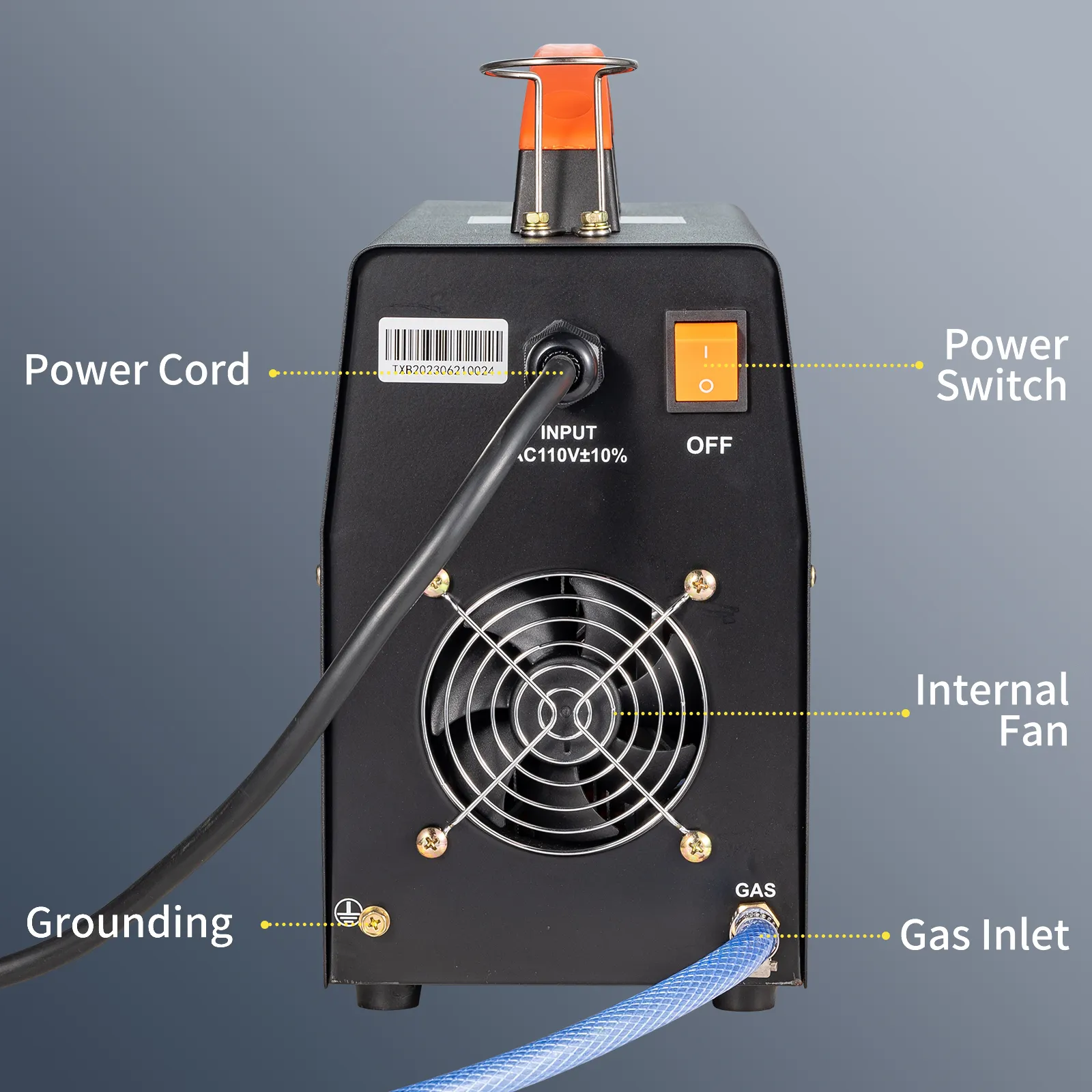 Vista trasera del soldador TIG VEVOR con cable de alimentación, interruptor, ventilador interno, conexión a tierra y entrada de gas.