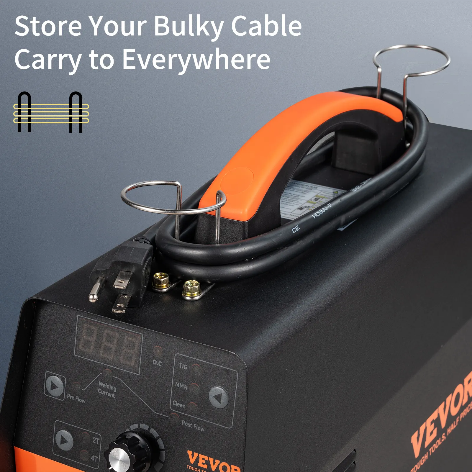 Soldador TIG VEVOR con mango naranja y almacenamiento de cable ordenado en la parte superior para facilitar su transporte.
