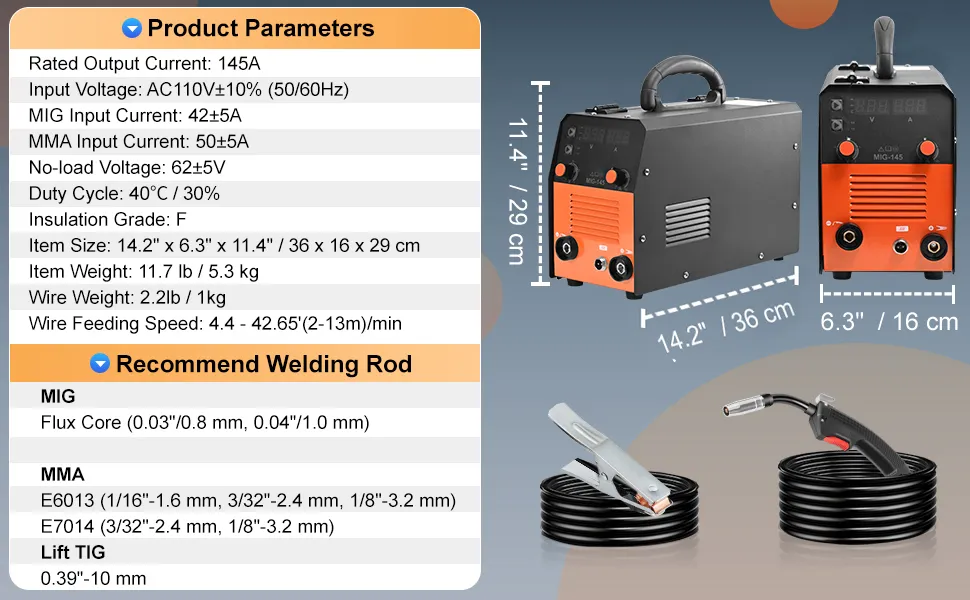 Especificaciones de la soldadora MIG VEVOR de 145 amperios, dimensiones (14,2" x 6,3") con cables y abrazaderas mostrados.
