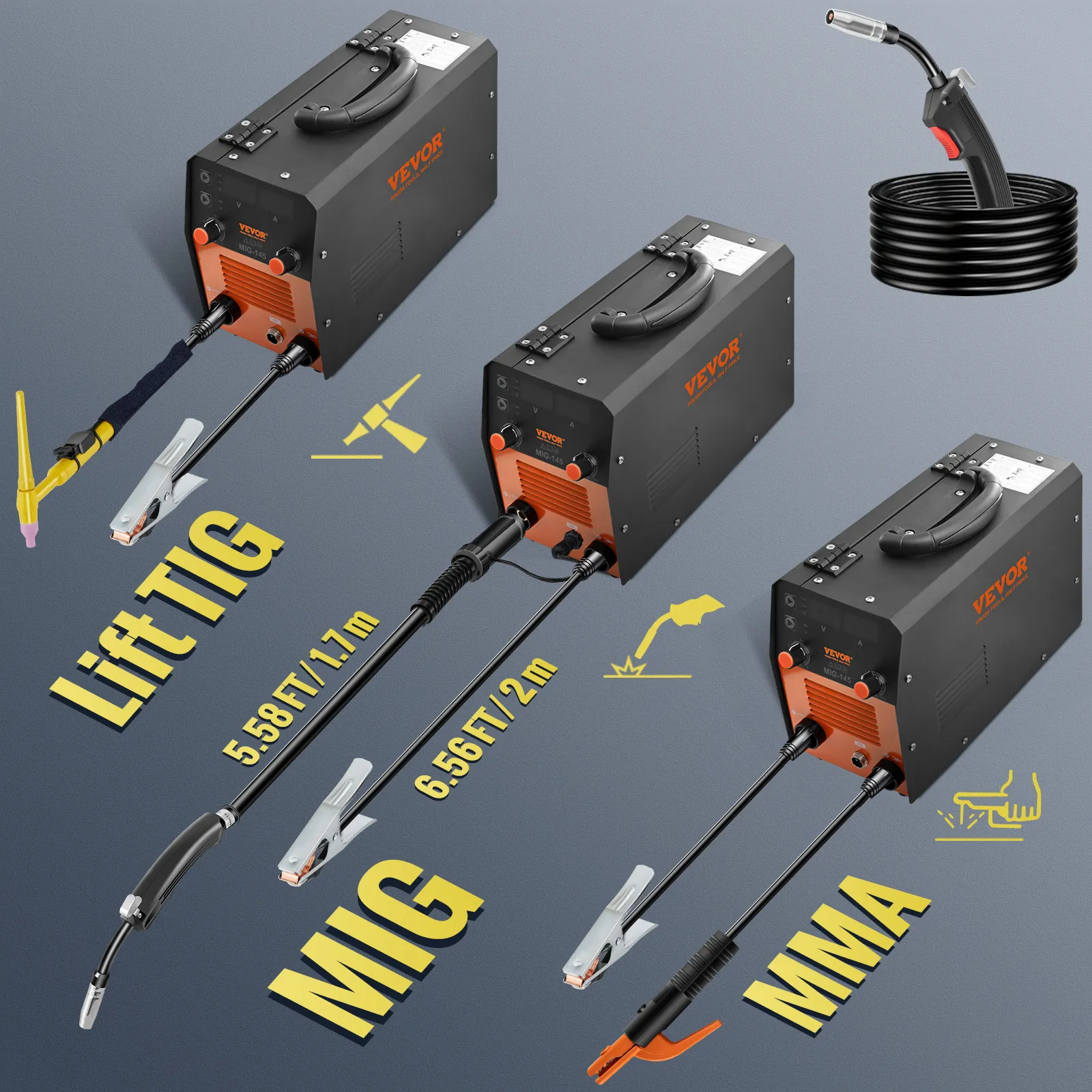 Soldador MIG VEVOR de 145 A con funciones Lift TIG, MIG y MMA, que muestra longitudes de cable.