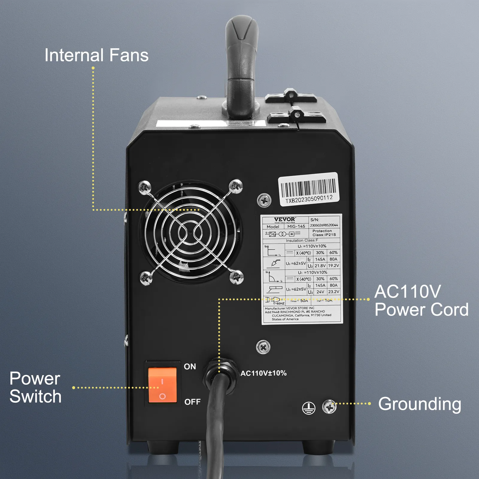 Vista trasera del soldador MIG VEVOR de 145 A que muestra ventiladores internos, cable de alimentación de 110 V CA, conexión a tierra e interruptor de encendido.