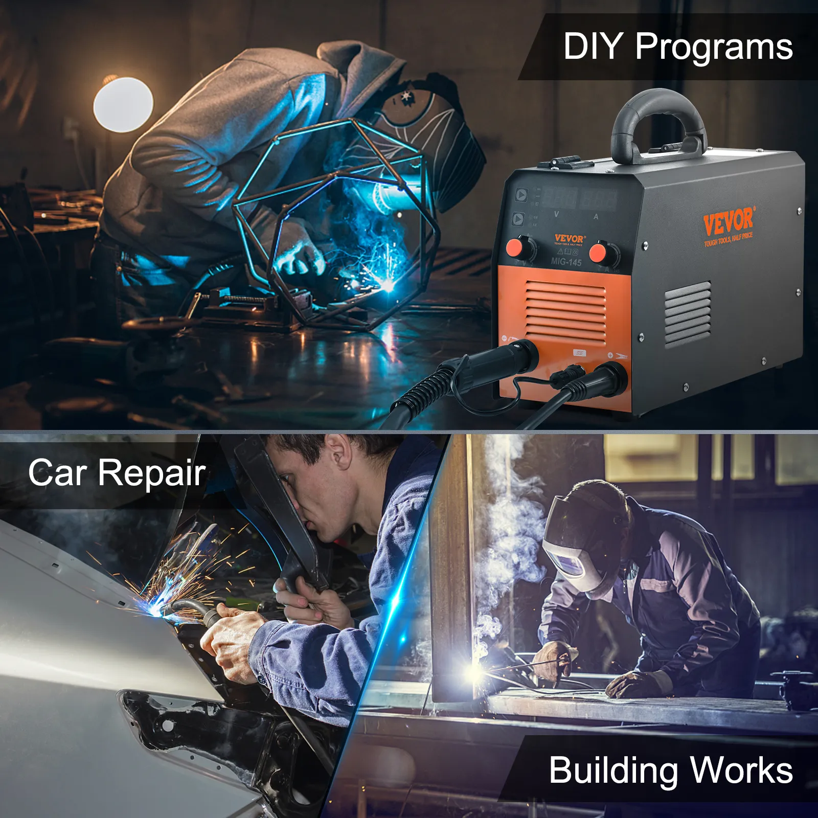 Soldador MIG VEVOR de 145 amperios utilizado en programas de bricolaje, reparación de automóviles y trabajos de construcción.