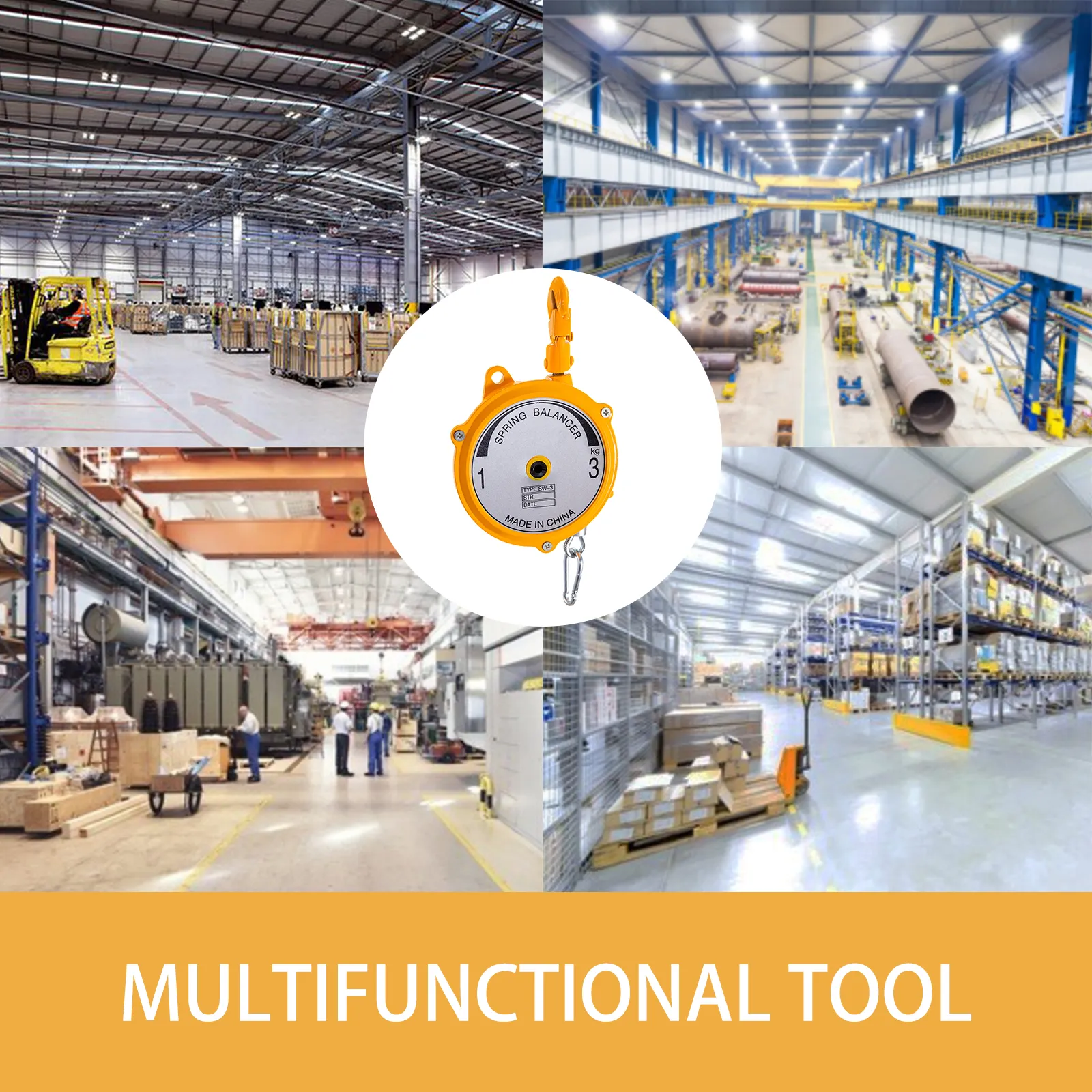 Equilibrador de resorte VEVOR exhibido en varios entornos industriales para uso multifuncional.