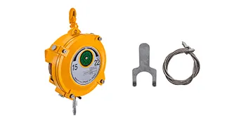 Balanceador de resorte VEVOR amarillo con cable y accesorio de gancho de metal sobre fondo blanco.