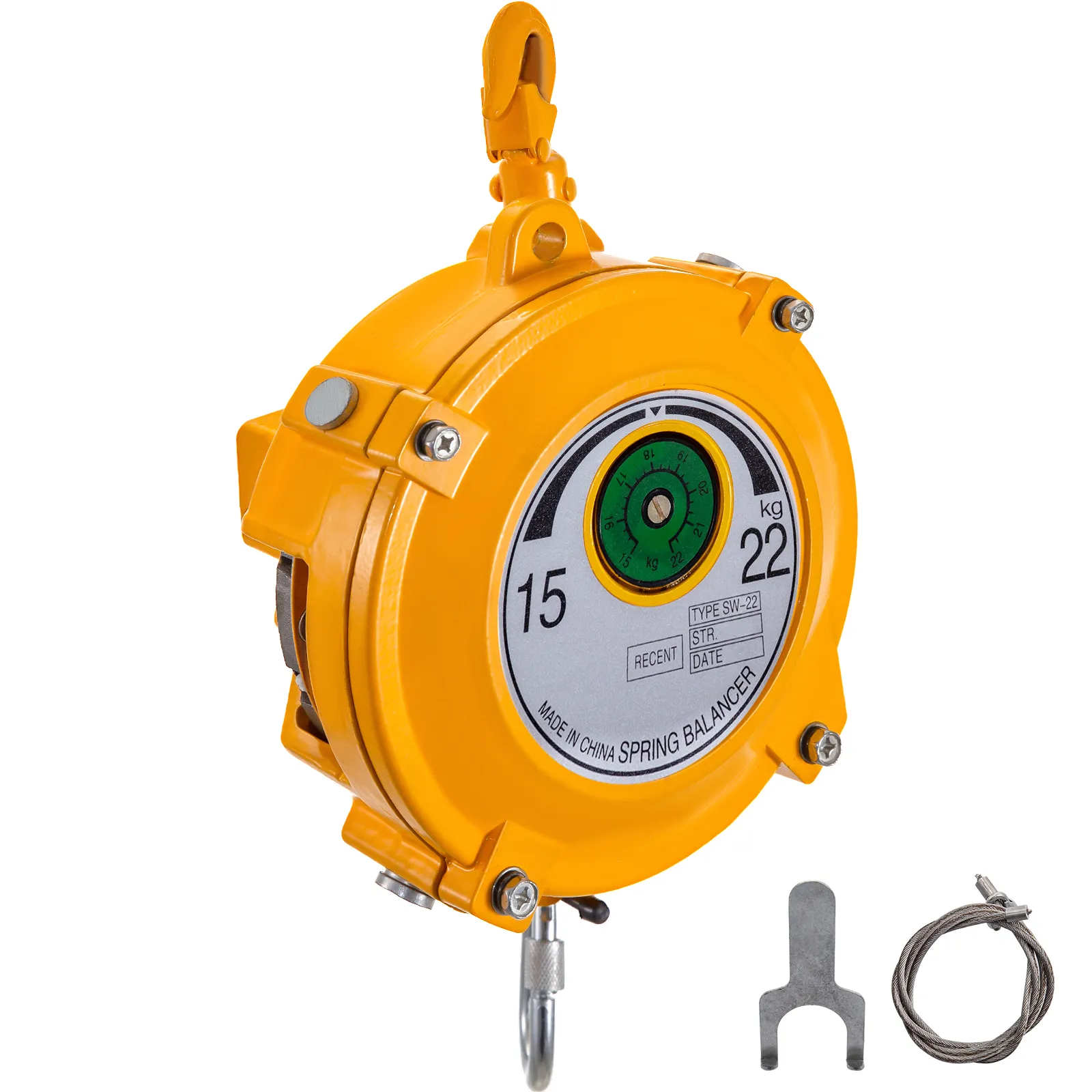 Equilibrador de resorte VEVOR amarillo con capacidad de 15-22 kg, mostrado con accesorios.