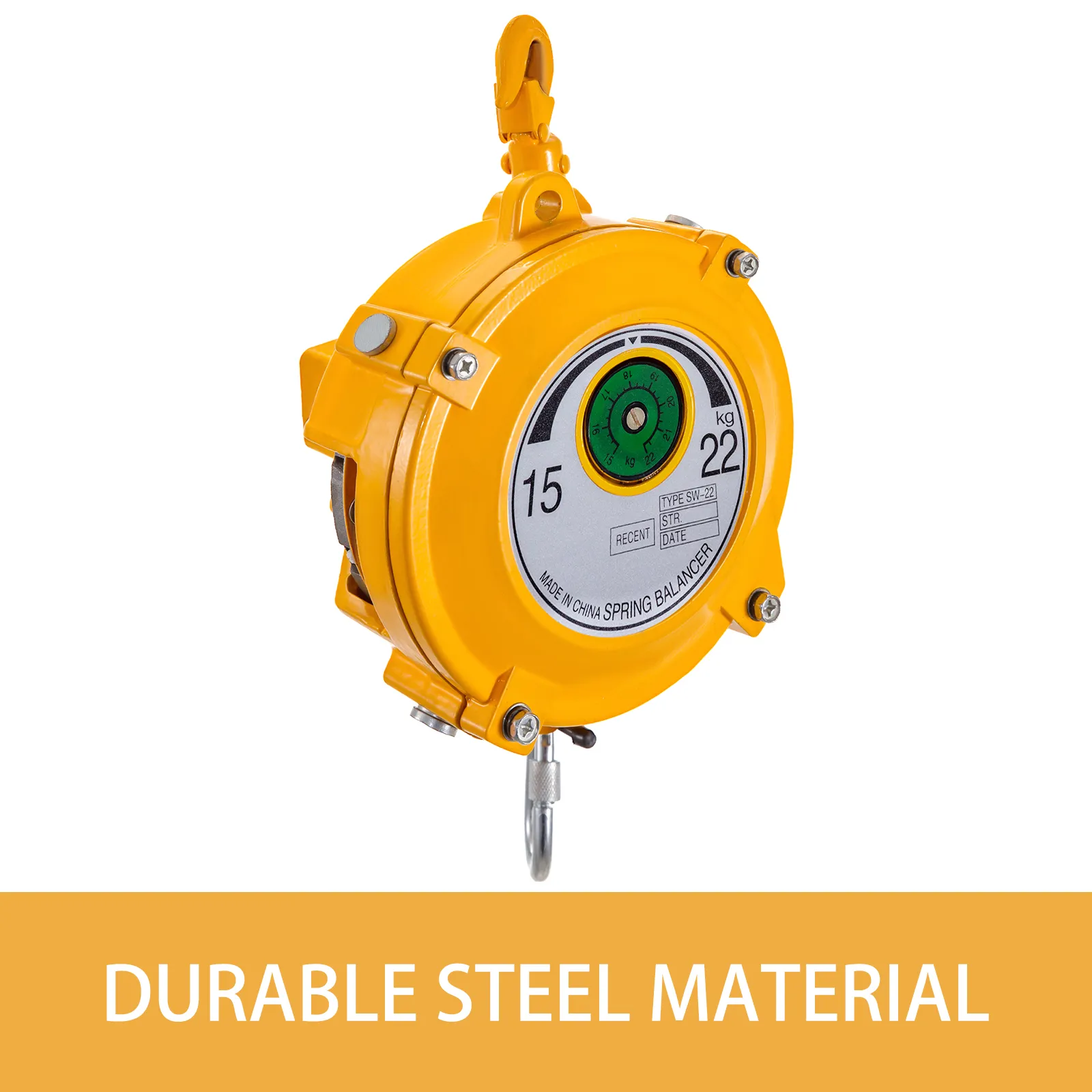 Equilibrador de resorte VEVOR en carcasa amarilla con marcas de capacidad de peso.