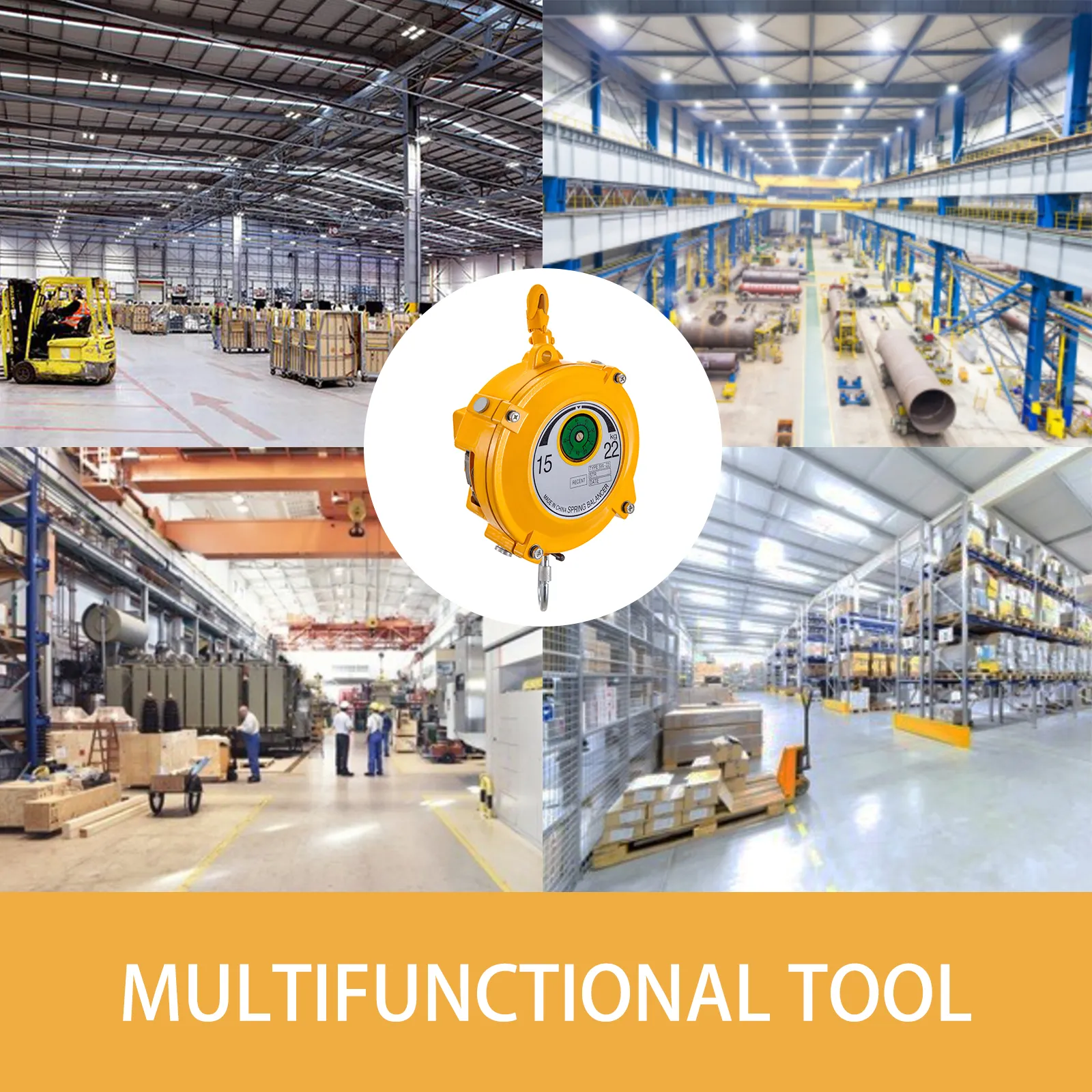 Equilibrador de resorte VEVOR en diversos entornos de almacén industrial. Herramienta multifuncional.