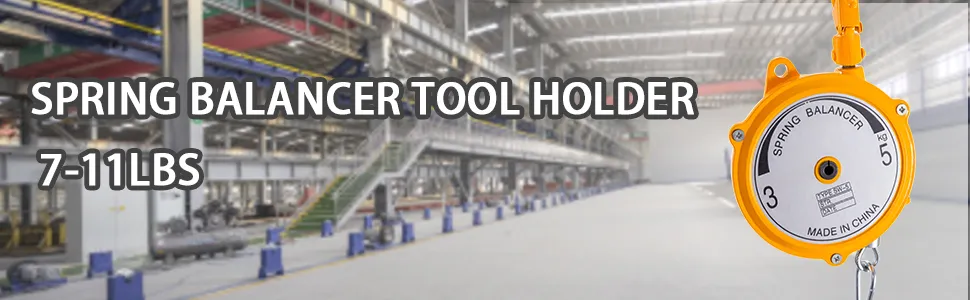 Portaherramientas de equilibrador de resorte VEVOR en un entorno de almacén industrial.