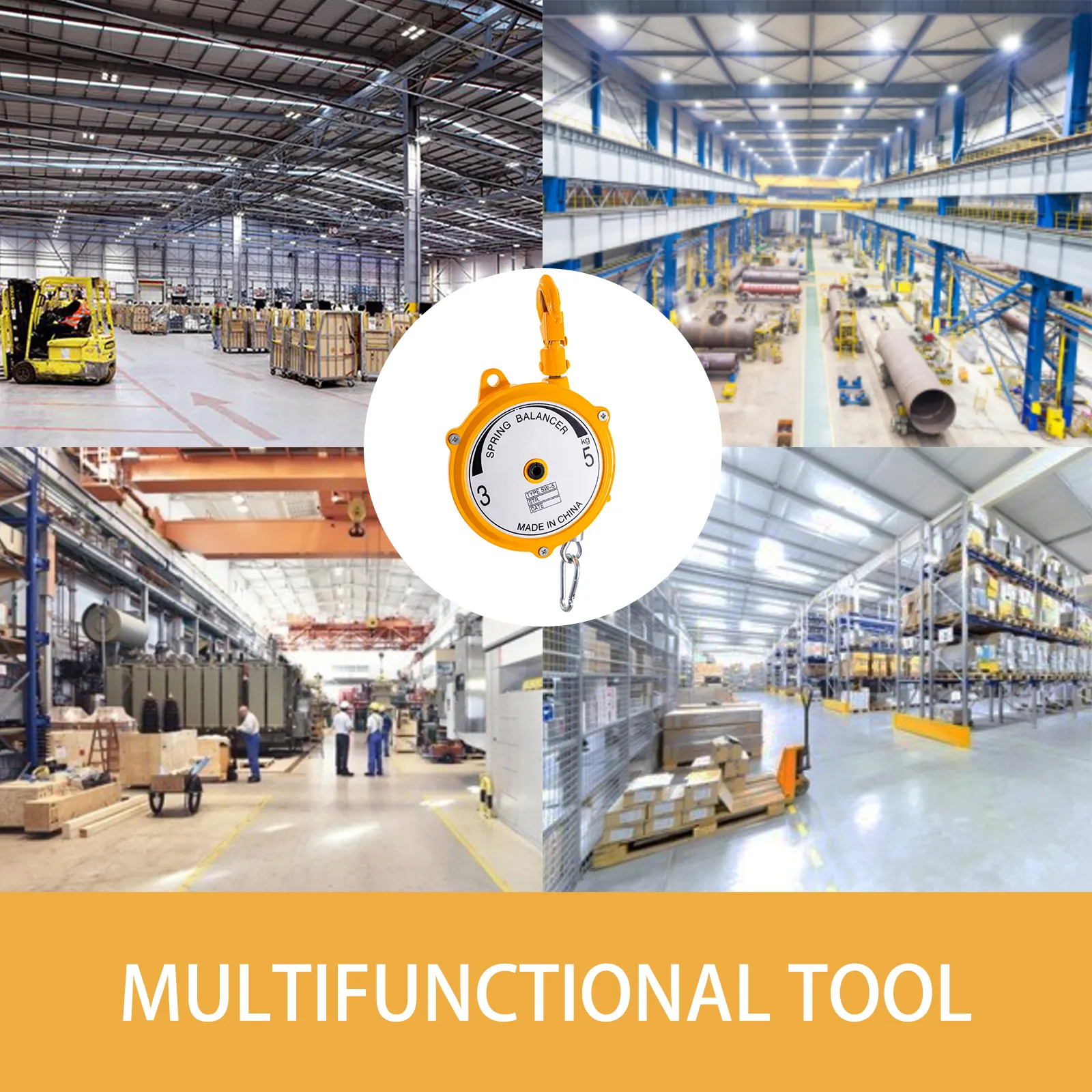 Equilibrador de resorte VEVOR exhibido en varios almacenes y entornos industriales.