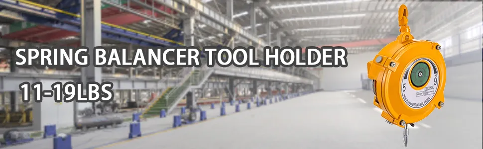 Portaherramientas de equilibrador de resorte VEVOR en un entorno de almacén industrial.