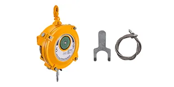 Equilibrador de resorte VEVOR amarillo con cable y herramienta, ideal para equilibrar cargas.