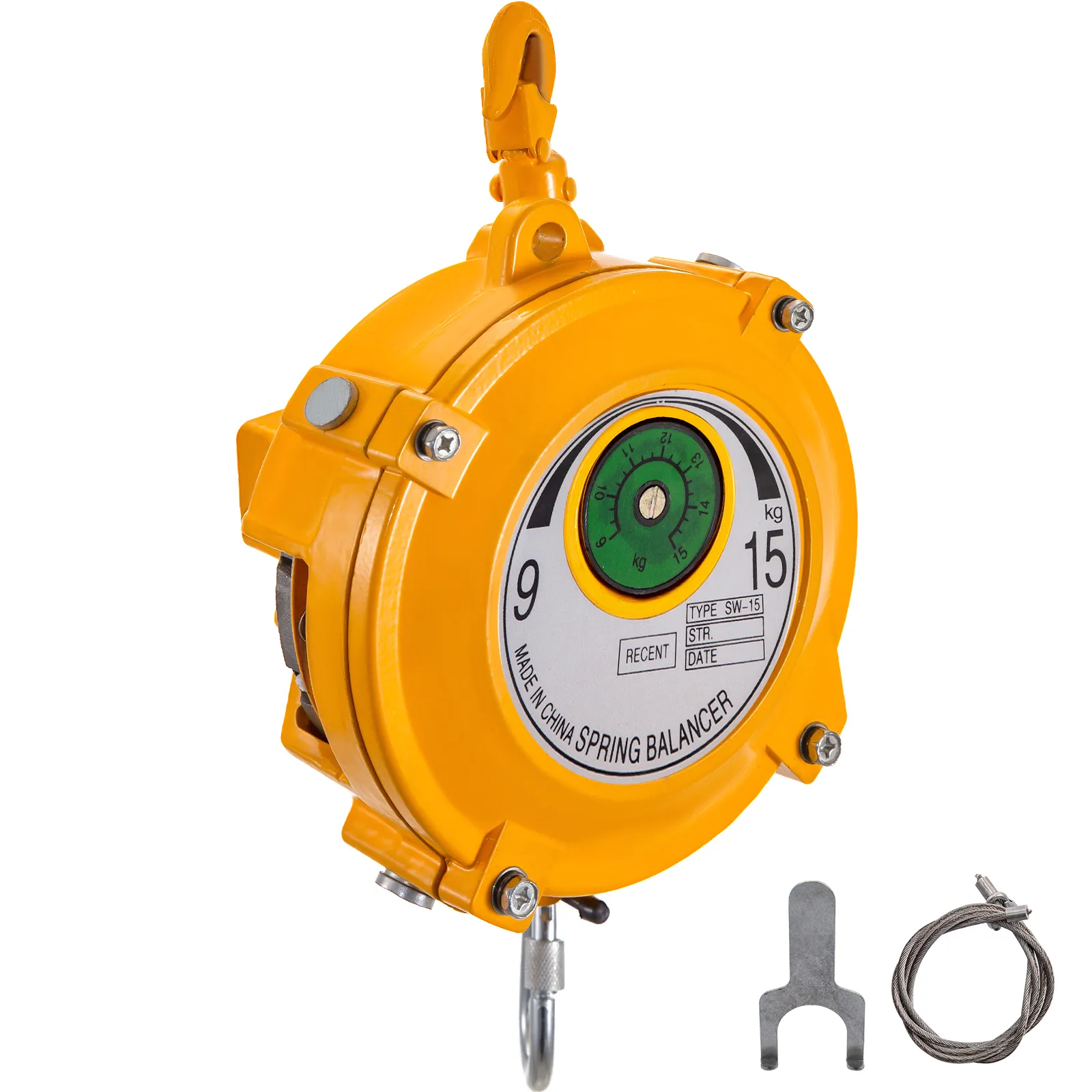 VEVOR spring balancer, yellow tool with hook and gauge, 9-15kg capacity, includes accessories.