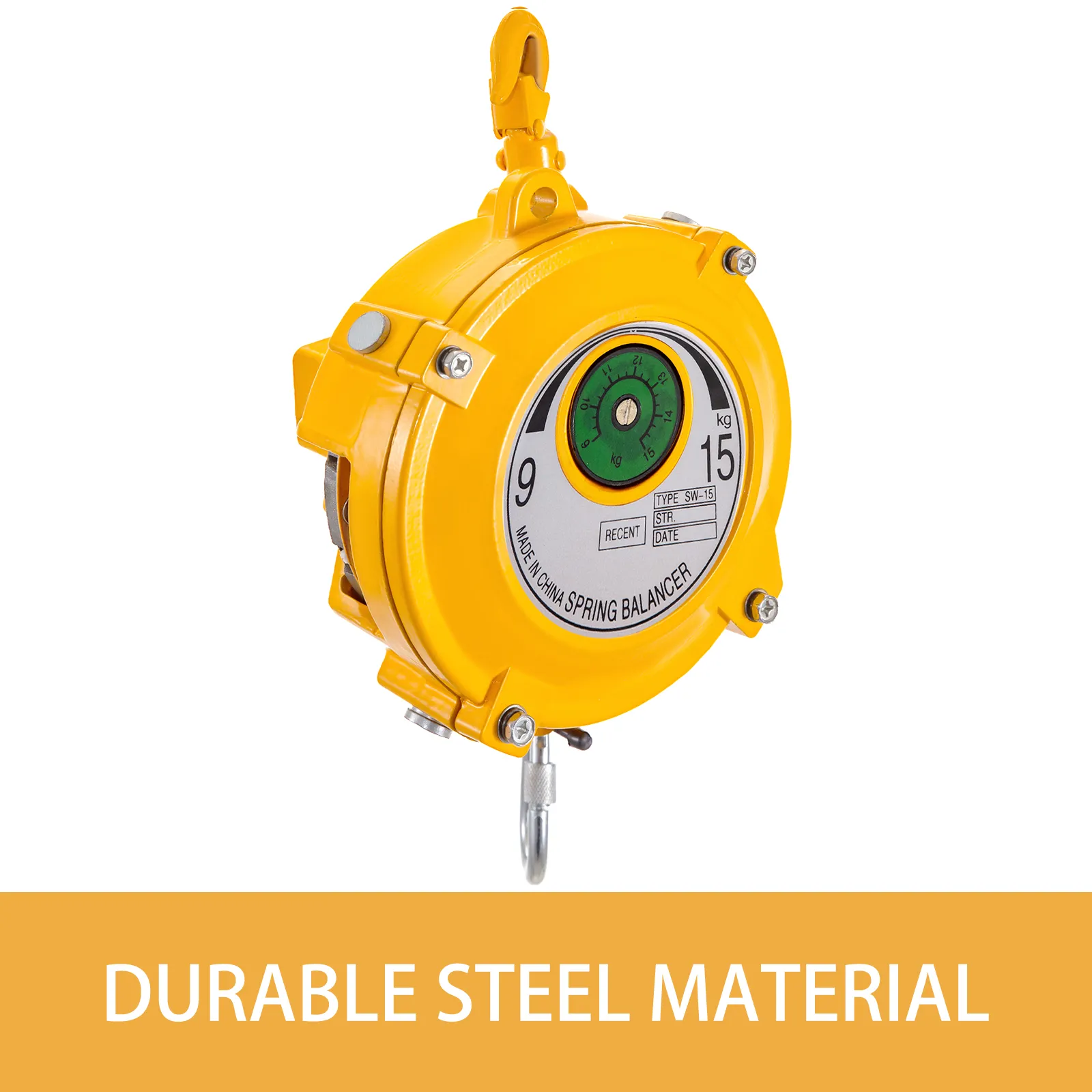 VEVOR spring balancer in yellow with durable steel material label.