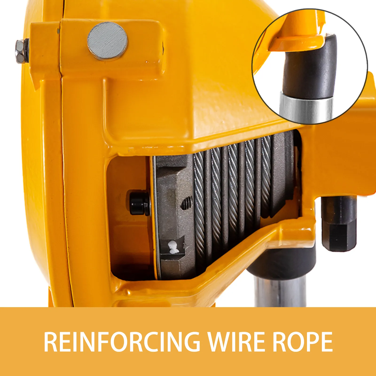 close-up of yellow VEVOR spring balancer with reinforcing wire rope mechanism.
