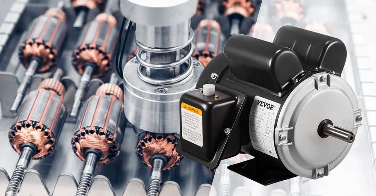 Motor eléctrico VEVOR junto a bobinas de cobre en un entorno industrial.