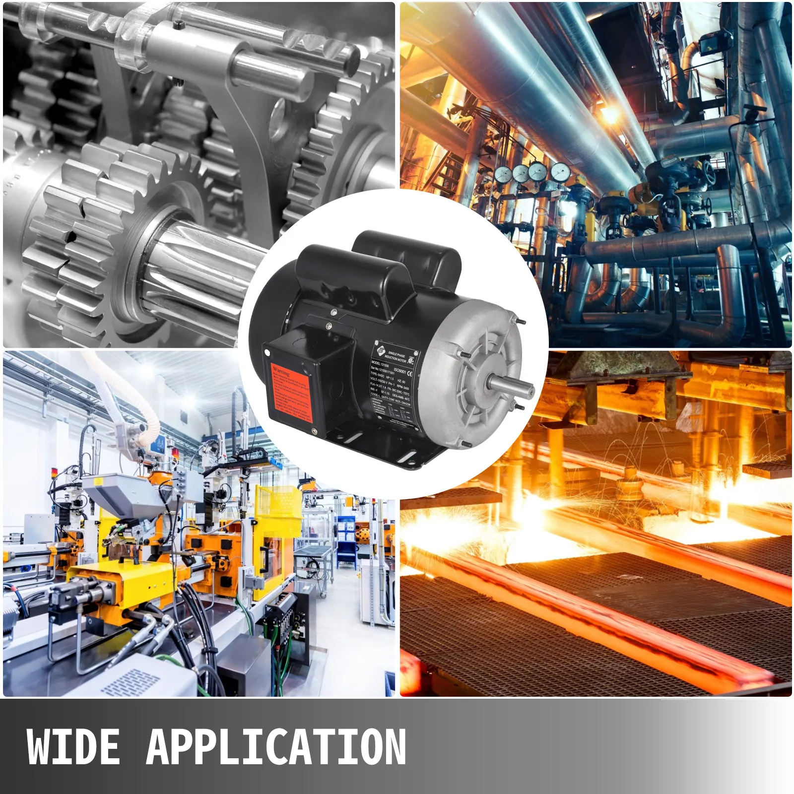 Motor eléctrico VEVOR utilizado en fabricación, entornos industriales y maquinaria pesada.