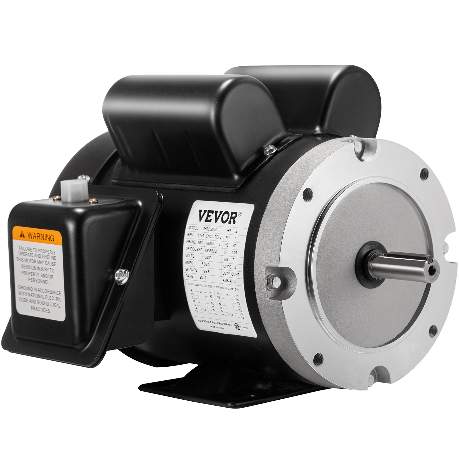 VEVOR Electric Compressor Motor, 2 HP, Rated Speed 1725 RPM