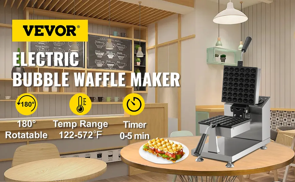 Máquina para hacer waffles con burbujas VEVOR en una acogedora cafetería, con características destacadas que incluyen rotación de 180°, rango de temperatura y temporizador.