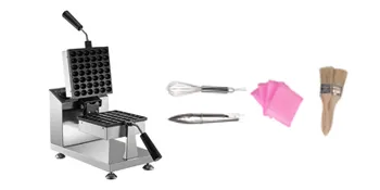 Máquina para hacer waffles con burbujas VEVOR con batidor, pinzas, paños rosas y cepillo sobre fondo blanco.
