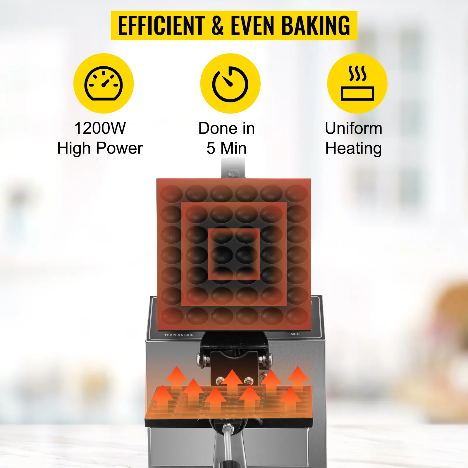 Máquina para hacer waffles con burbujas VEVOR con alta potencia de 1200 W, calentamiento uniforme y tiempo de horneado de 5 minutos.
