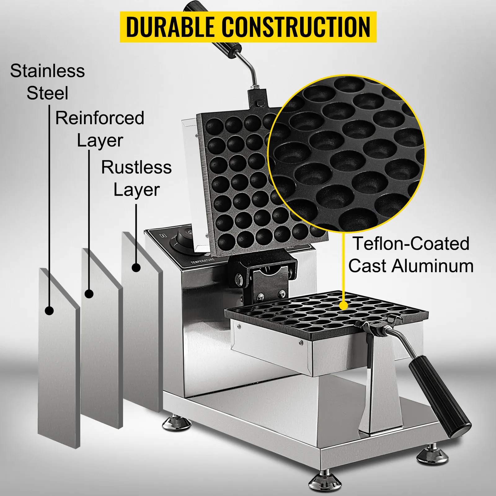 Máquina para hacer waffles con burbujas VEVOR con cuerpo de acero inoxidable, placas de aluminio fundido recubiertas de teflón y construcción duradera.