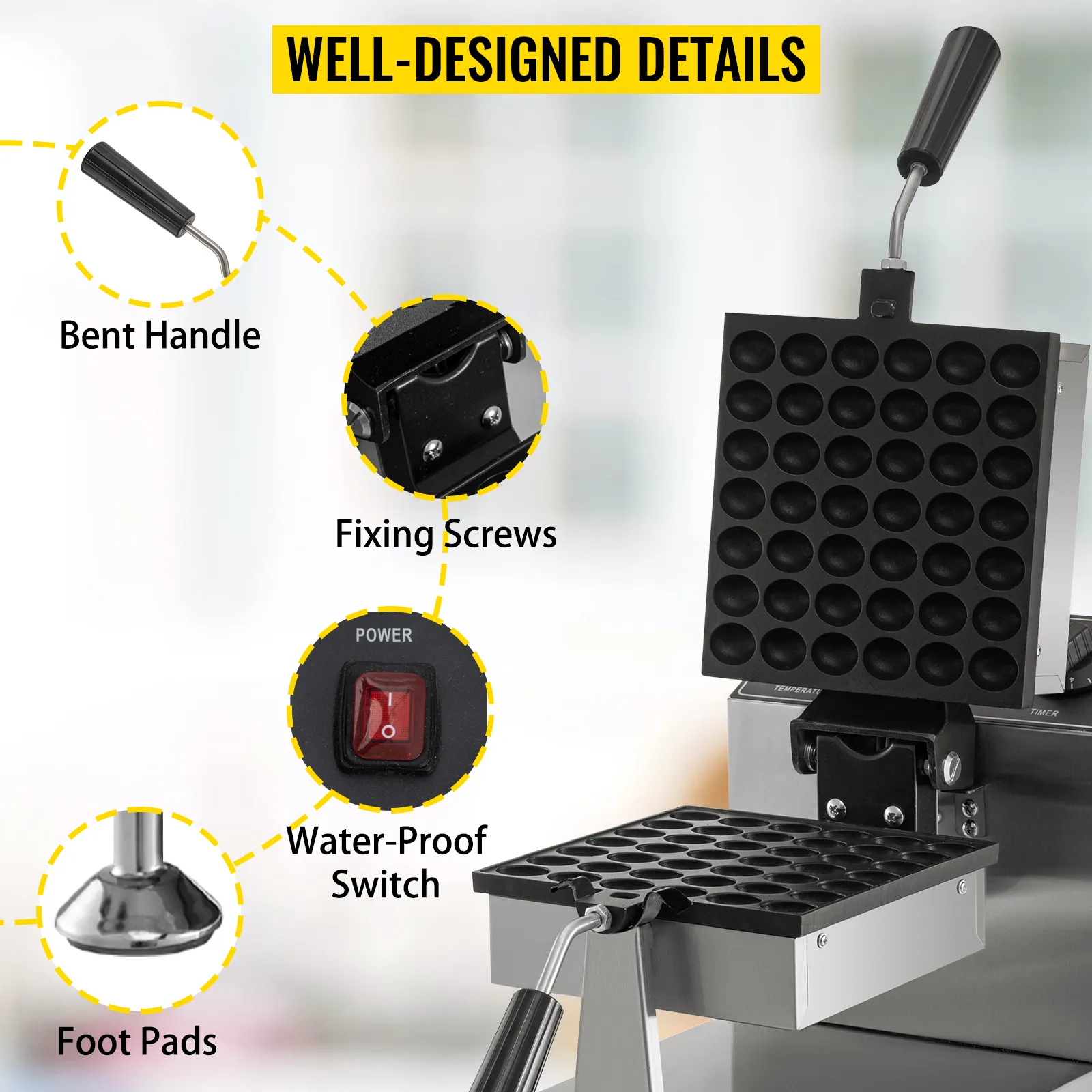 Máquina para hacer waffles con burbujas VEVOR que destaca por su mango doblado, tornillos de fijación, interruptor a prueba de agua y almohadillas para los pies.