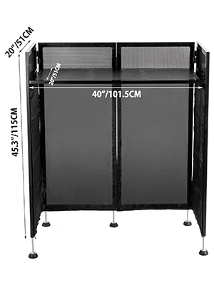 Stół fasadowy VEVOR DJ o wymiarach: 40"x20"x45,3". Wykończenie w kolorze czarnym.