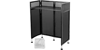 czarny stół fasadowy VEVOR DJ z podniesionymi panelami ekranu i regulowanymi nóżkami.