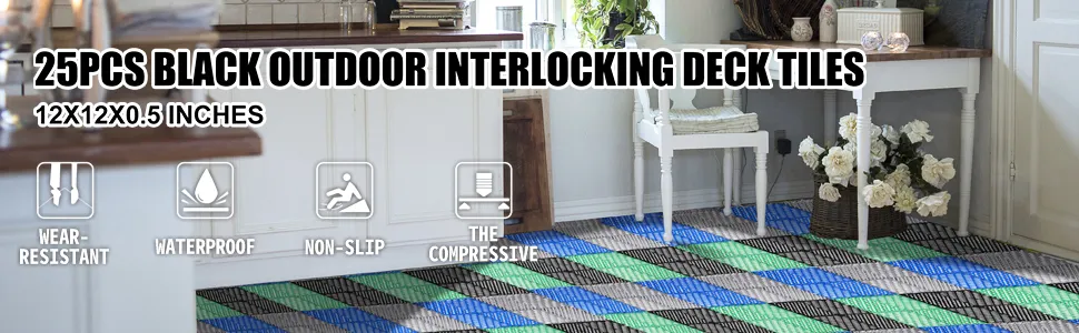 Azulejos entrelazados de caucho VEVOR en uso en un piso de cocina, con características resistentes al desgaste, impermeables, antideslizantes y de compresión.