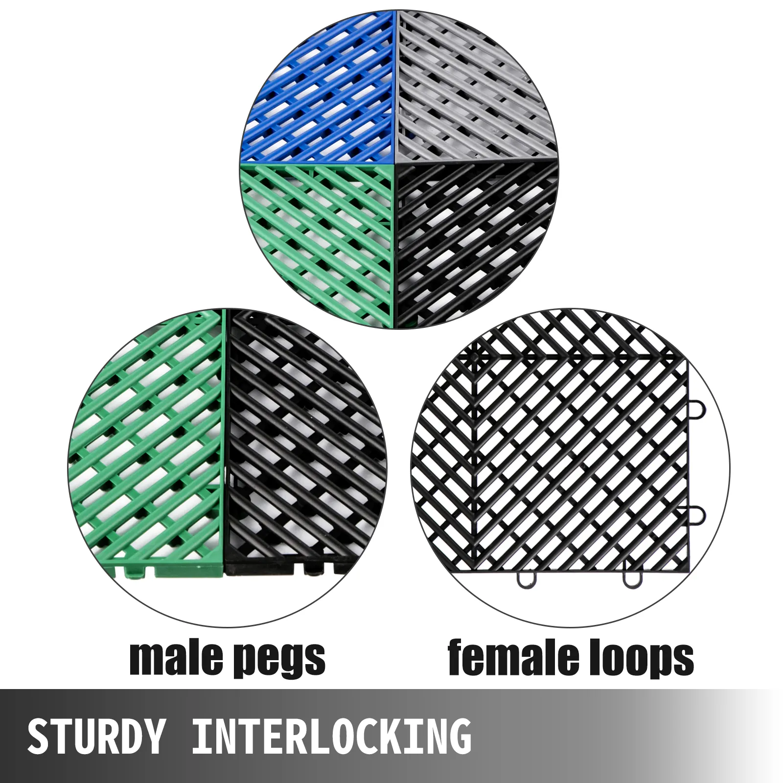 Azulejos entrelazados de caucho VEVOR con clavijas macho y bucles hembra en varios colores.