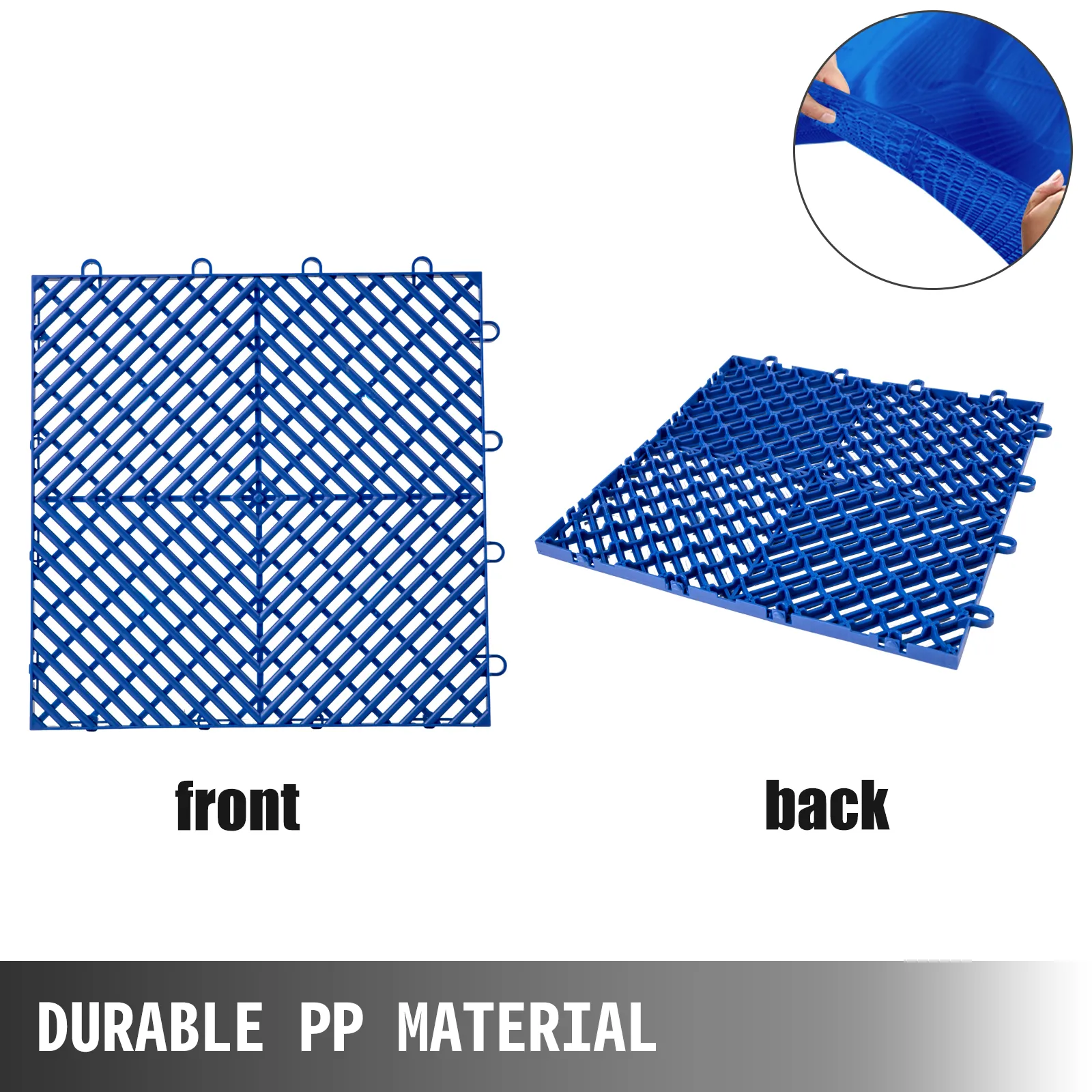 blue interlocking tiles with front and back views, showcasing durable pp material.