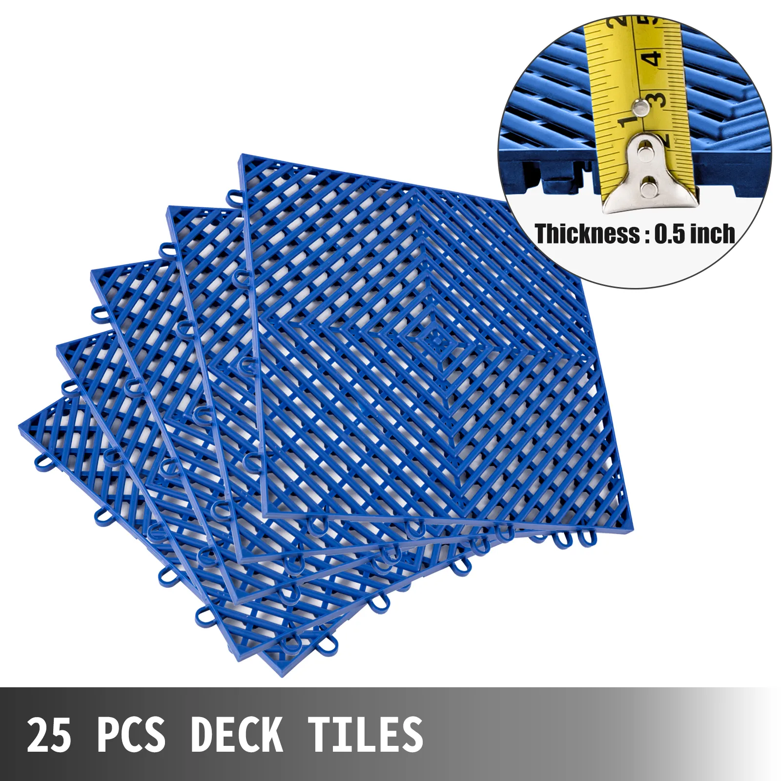 25 pcs blue VEVOR rubber tiles with 0.5 inch thickness shown in detail.